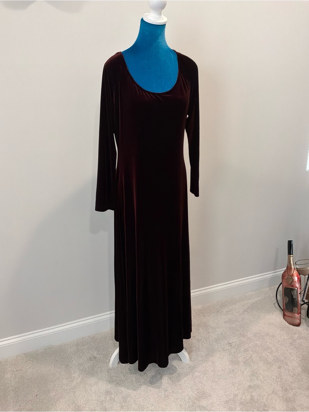 Moda International Long Sleeve Velvet Maxi Dress in Deep Wine